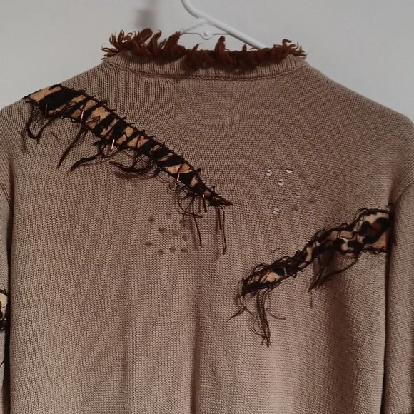 Safari Knit Faux Fur Animal Print Spots Stripes Sequins & Fringe Long Sweater - Picture 10 of 10